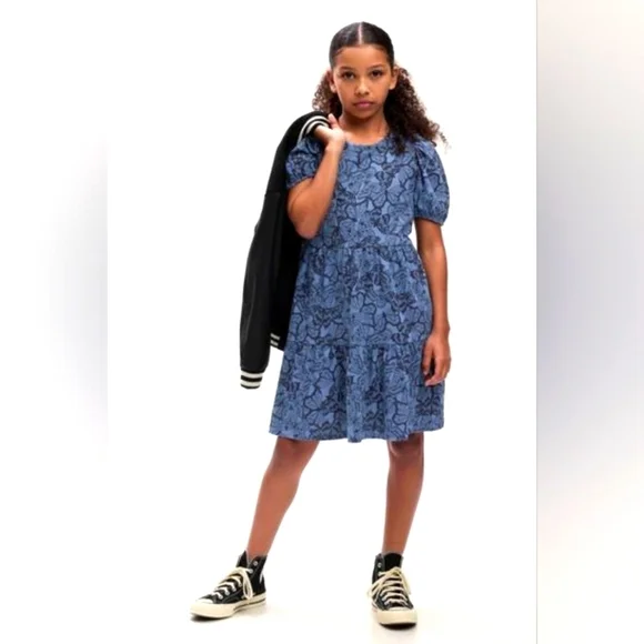 GAP Kids Puff Slv School Dress Blue Butterfly Print Girls LG (10-11 years) NWT - Picture 3 of 9